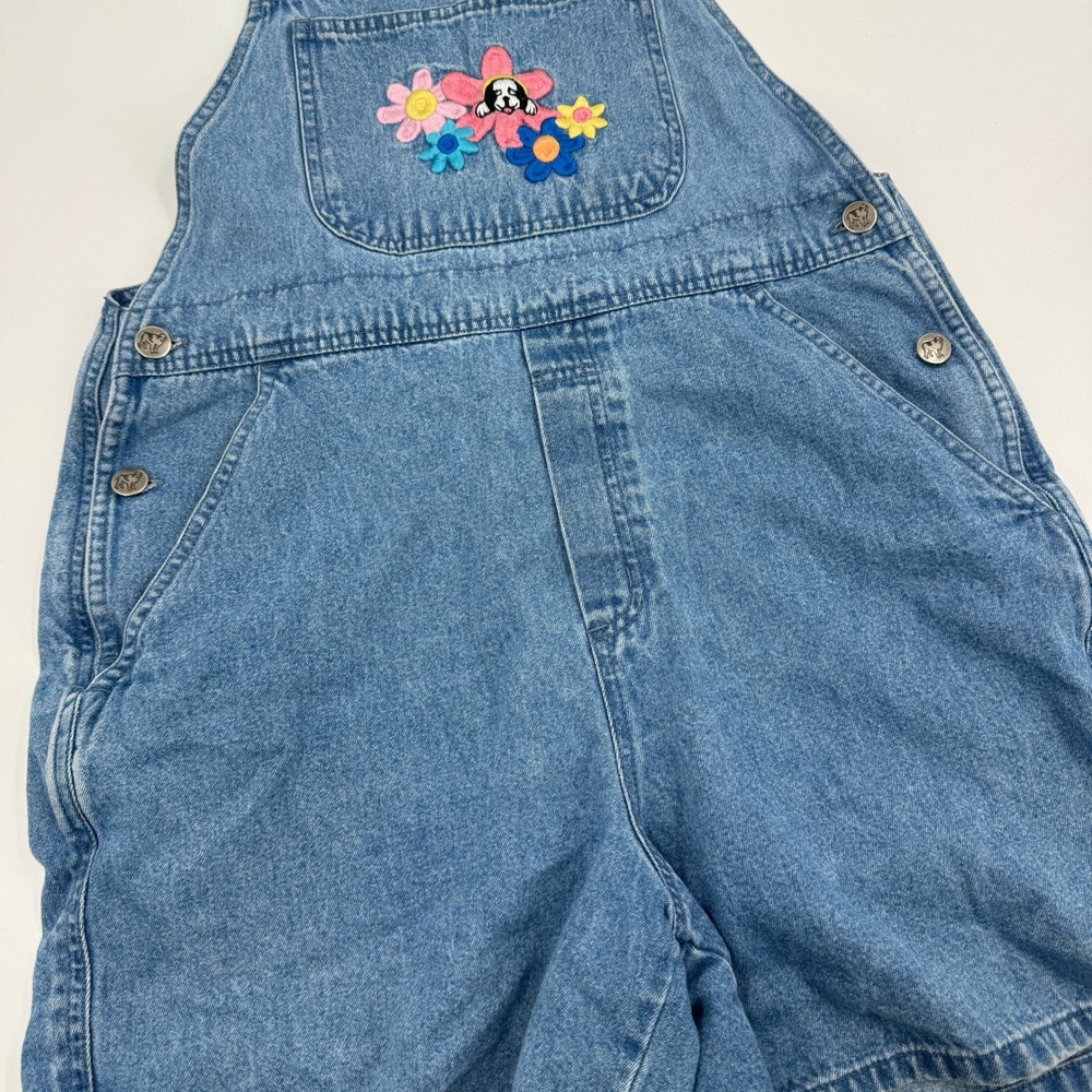 Big Dogs Denim Shortalls Womens Medium Blue Floral Dog Embroidered Vintage 90s - Picture 6 of 10